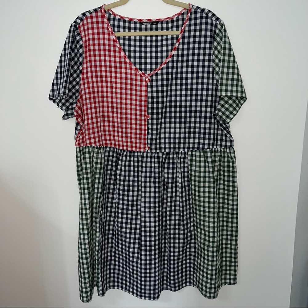 Plus Buttoned Front Colorblock Gingham Dress 100% cotton